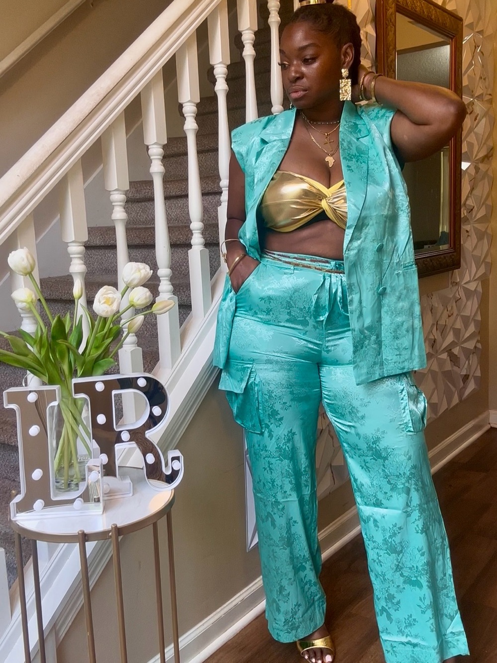 Lady in Demand two piece Lux set (Aqua Jacquard Wide-Leg Cargo Jumpsuit Set)
